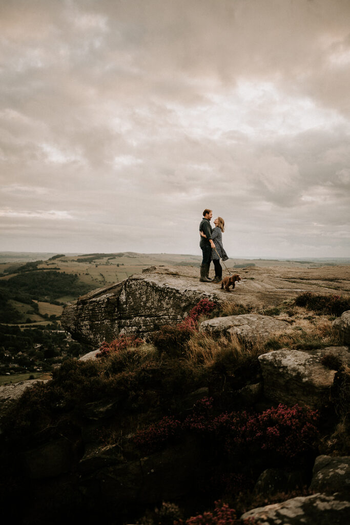 A gorgeous pre-wedding shoot at Curbar Edge with Pippa, Tom & Elton the Pup
