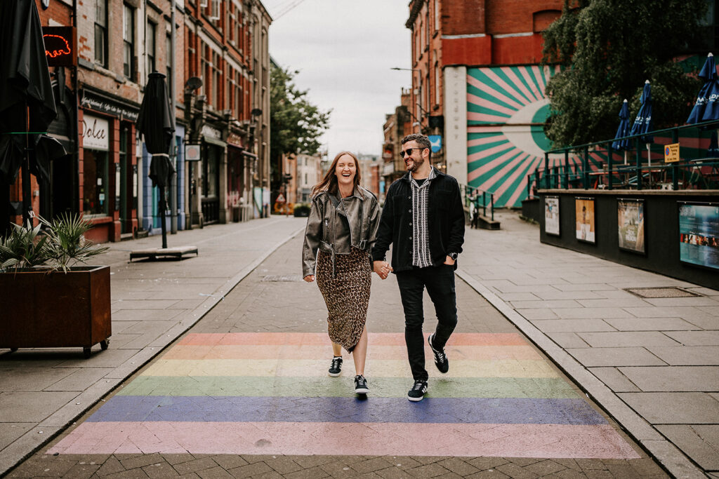 Couple walk down the Lace Market, Nottingham